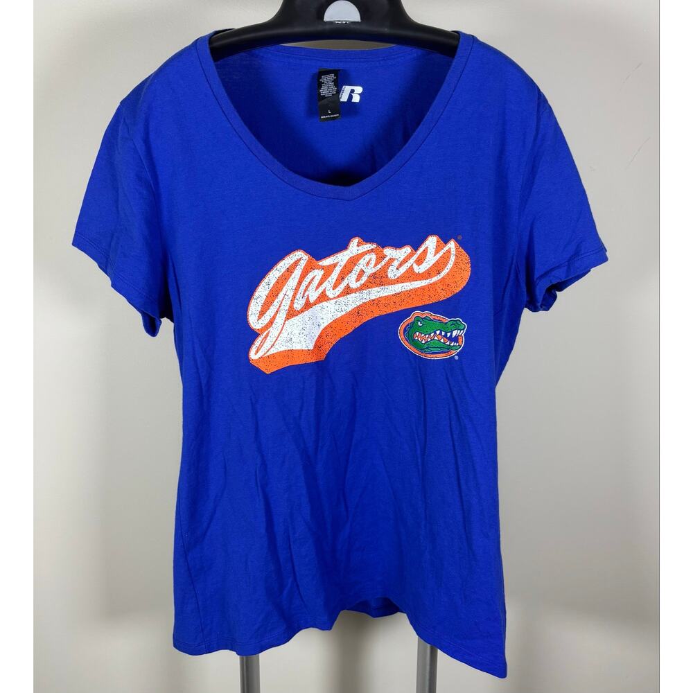 Russell Athletic Florida Gators Graphic Vintage Style Blue V-Neck T-Shirt Size L